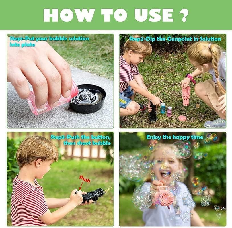 Bubble Gun- 8 Hole Automatic Gatling Bubble Gun Blower Maker, with 3 Batteries and Bubble Water